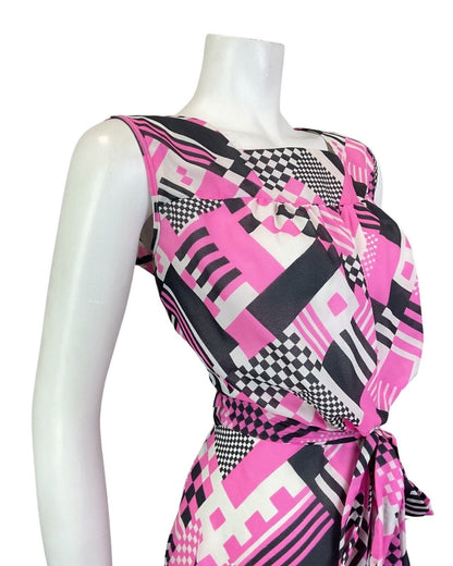 VINTAGE 60s 70s PINK BLACK WHITE GEOMETRIC CHECKERBOARD BELTED MOD DRESS 12 14