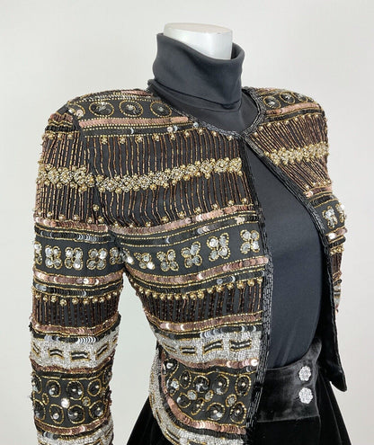 VTG 70s BLACK BRONZE SILVER DECO STRIPED BEADED SEQUIN PARTY TROPHY JACKET 8 10