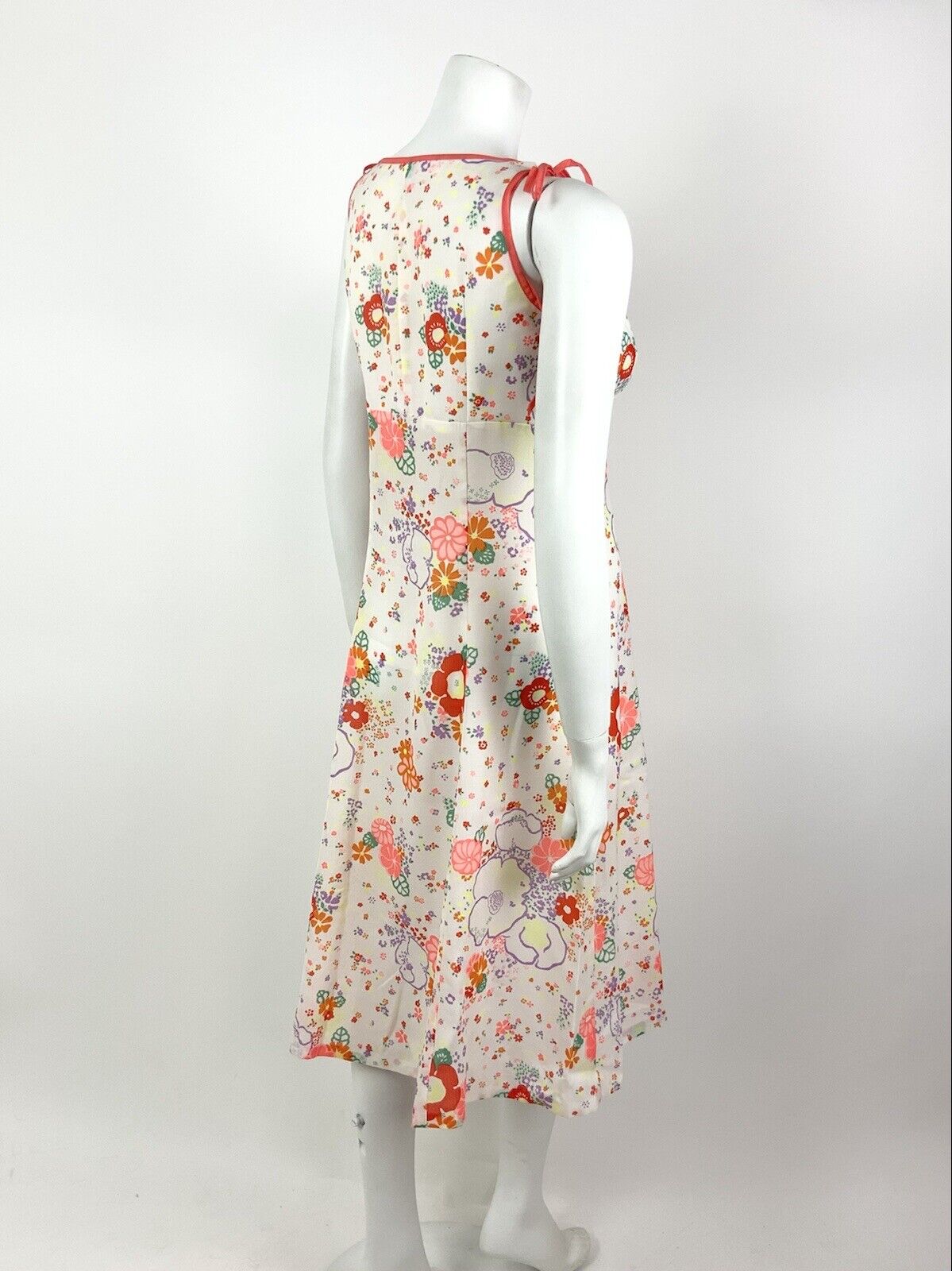 VINTAGE 60s 70s WHITE ORANGE PINK GREEN FLORAL DITSY EMPIRE LINE SUMMER DRESS 10