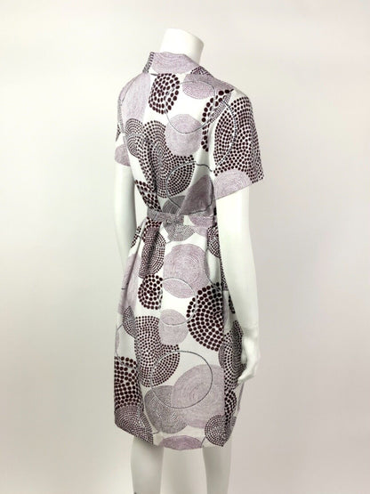 VINTAGE 60s 70s WHITE PURPLE BROWN DOTTY GEOMETRIC CIRCLE BELTED SHIRT DRESS 12