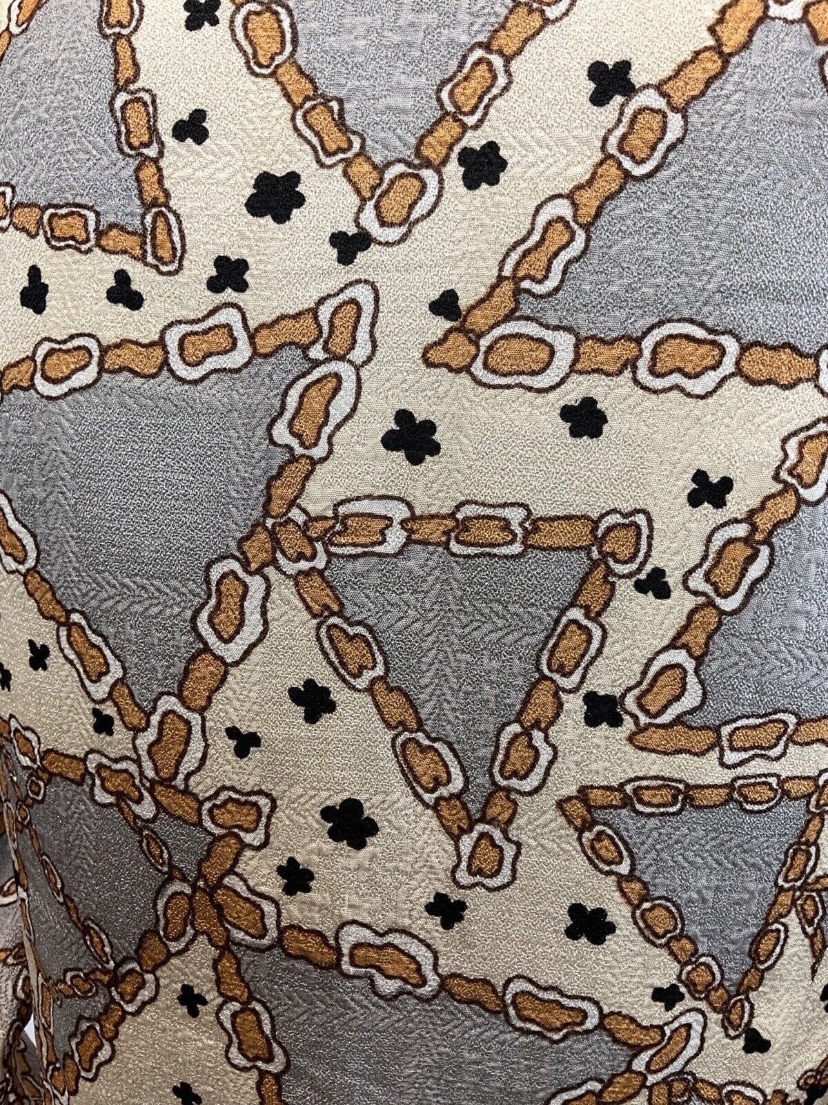 VINTAGE 60s 70s CREAM SILVER BROWN GLITTERY GEOMETRIC CHAIN MOD SHORT DRESS 10