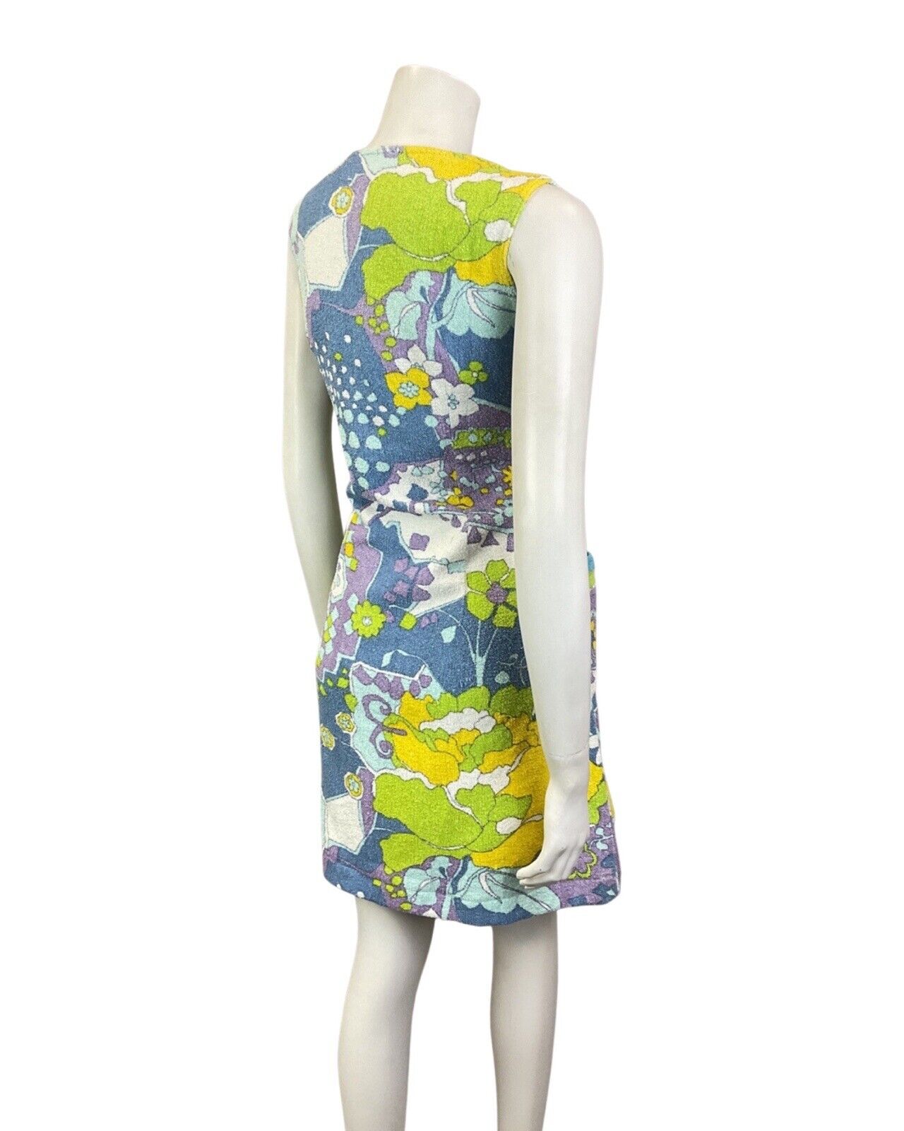 VINTAGE 60s 70s BLUE PURPLE GREEN PSYCHEDELIC FLORAL TERRY TOWEL BEACH DRESS 12