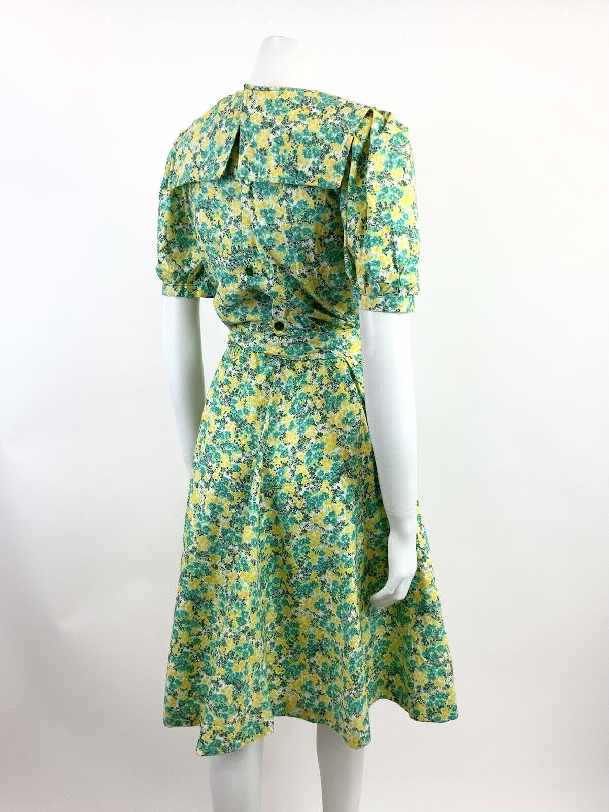 VINTAGE 60s 70s GREEN YELLOW WHITE FLORAL DITSY PRAIRIE FOLK SWING DRESS 8 10
