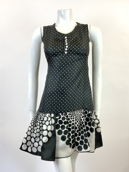 VINTAGE 60s 70s BLACK WHITE POLKA-DOT HALFTONE MOD SLEEVELESS SHIFT DRESS 8 10