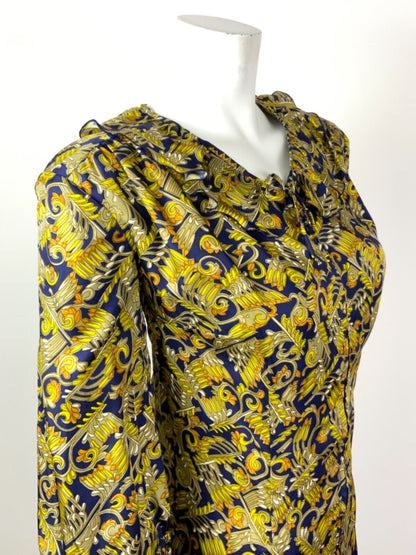 VINTAGE 60s 70s BLUE BEIGE YELLOW ORANGE SWIRL PSYCHEDELIC RUFFLE DRESS 16