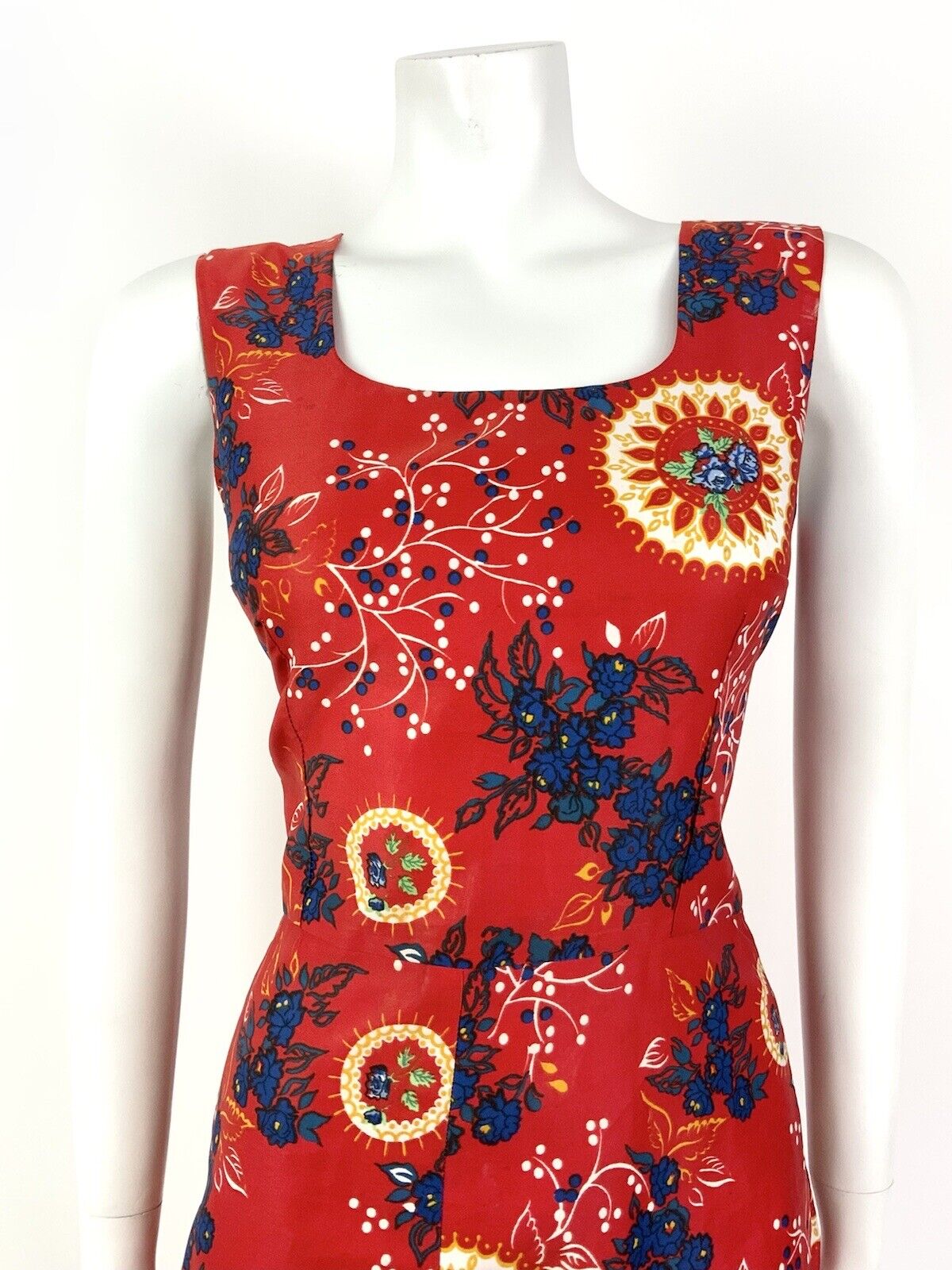VTG 60s 70s RED BLUE GOLD FLORAL SLEEVELESS MOD SCOOTER MICRO MINI DRESS 10 12