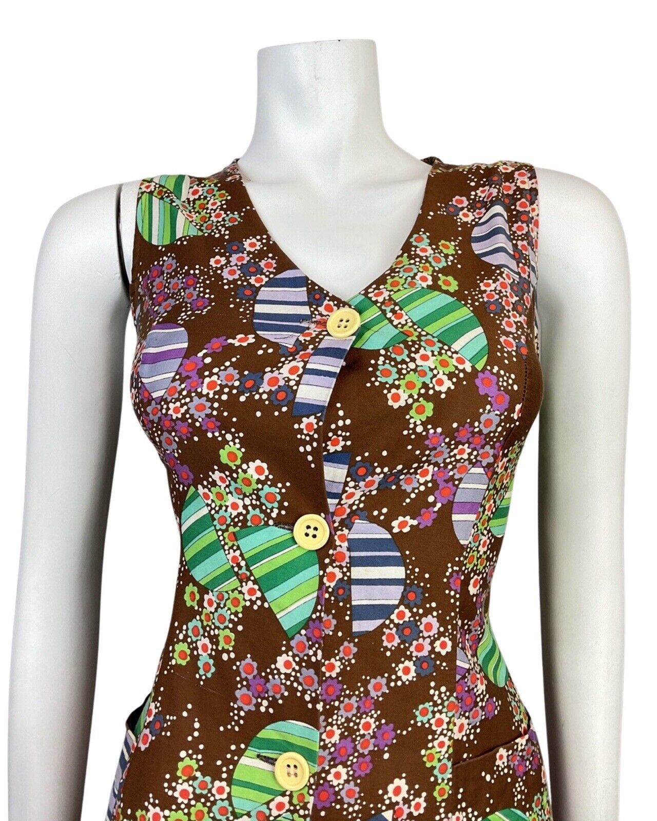 VINTAGE 60s 70s BROWN GREEN PURPLE PSYCHEDELIC DAISY DOTTY MOD DRESS 10 12