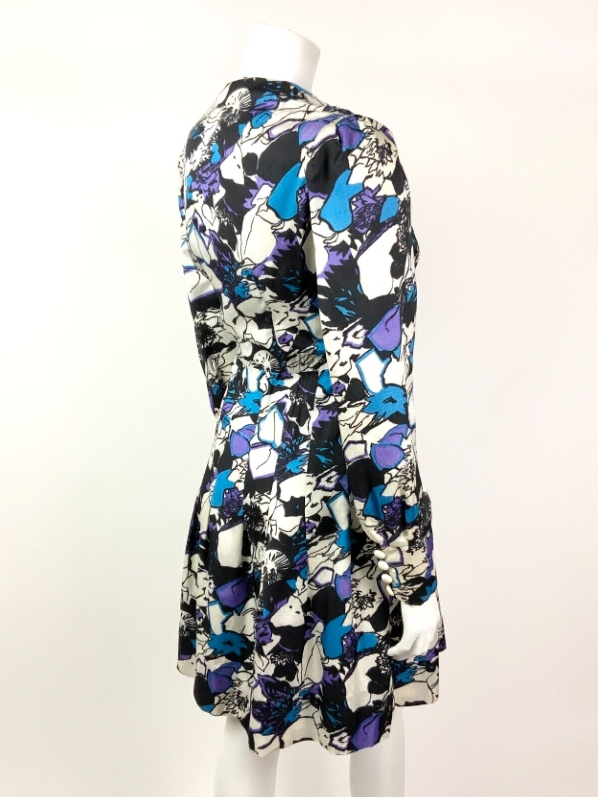 VINTAGE 60s 70s WHITE BLACK BLUE PURPLE PSYCHEDELIC FLORAL DRESS 10 12