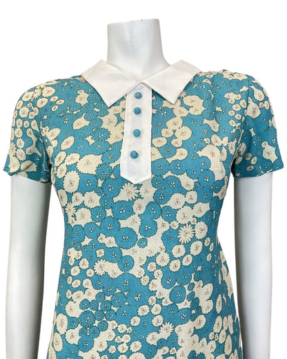 VINTAGE 60s 70s BLUE CREAM FLORAL ABSTRACT DITSY MOD SHORT SHIRT DRESS 10