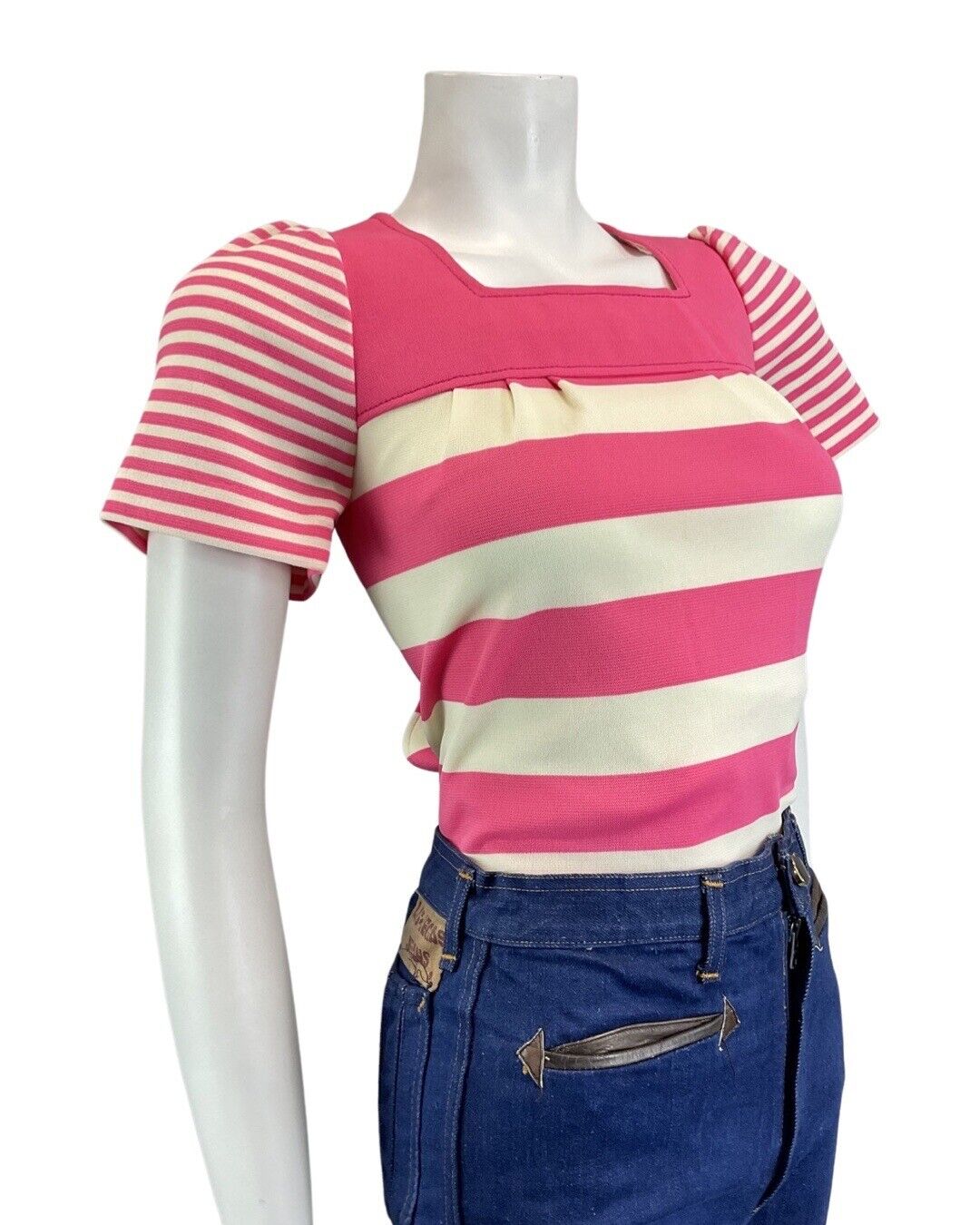 VINTAGE 60s 70s PINK CREAM STRIPED MOD PEGGY LANE SHORT SLEEVE BLOUSE TOP 8
