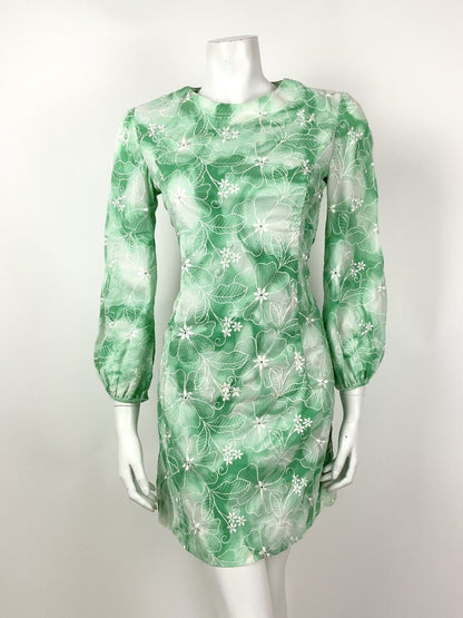 VINTAGE 60s 70s GREEN APPLE WHITE TIE-DYE FLORAL EMBROIDERED MOD DRESS 10