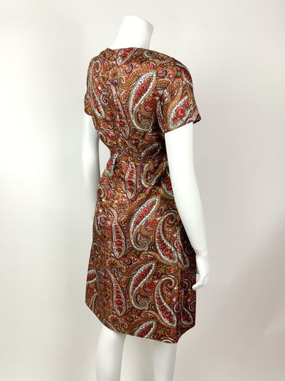 VINTAGE 60s 70s RED GREEN BLACK PEACH FLORAL PSYCHEDELIC PAISLEY BELTED DRESS 10