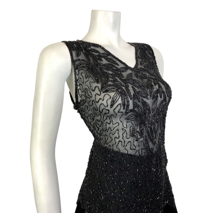 VINTAGE 60s 70s BLACK FLORAL SQUIGGLE SEQUIN BEADED SHEER SLEEVELESS TOP 12 14