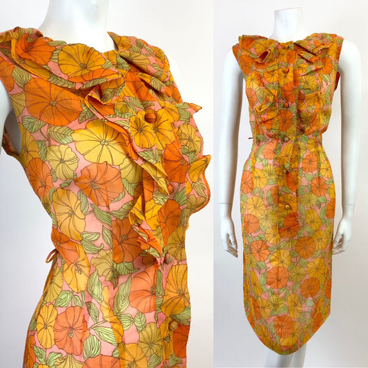 VINTAGE 60s 70s ORANGE PINK YELLOW GREEN FLORAL RUFFLE SHEER MOD DRESS 10 12