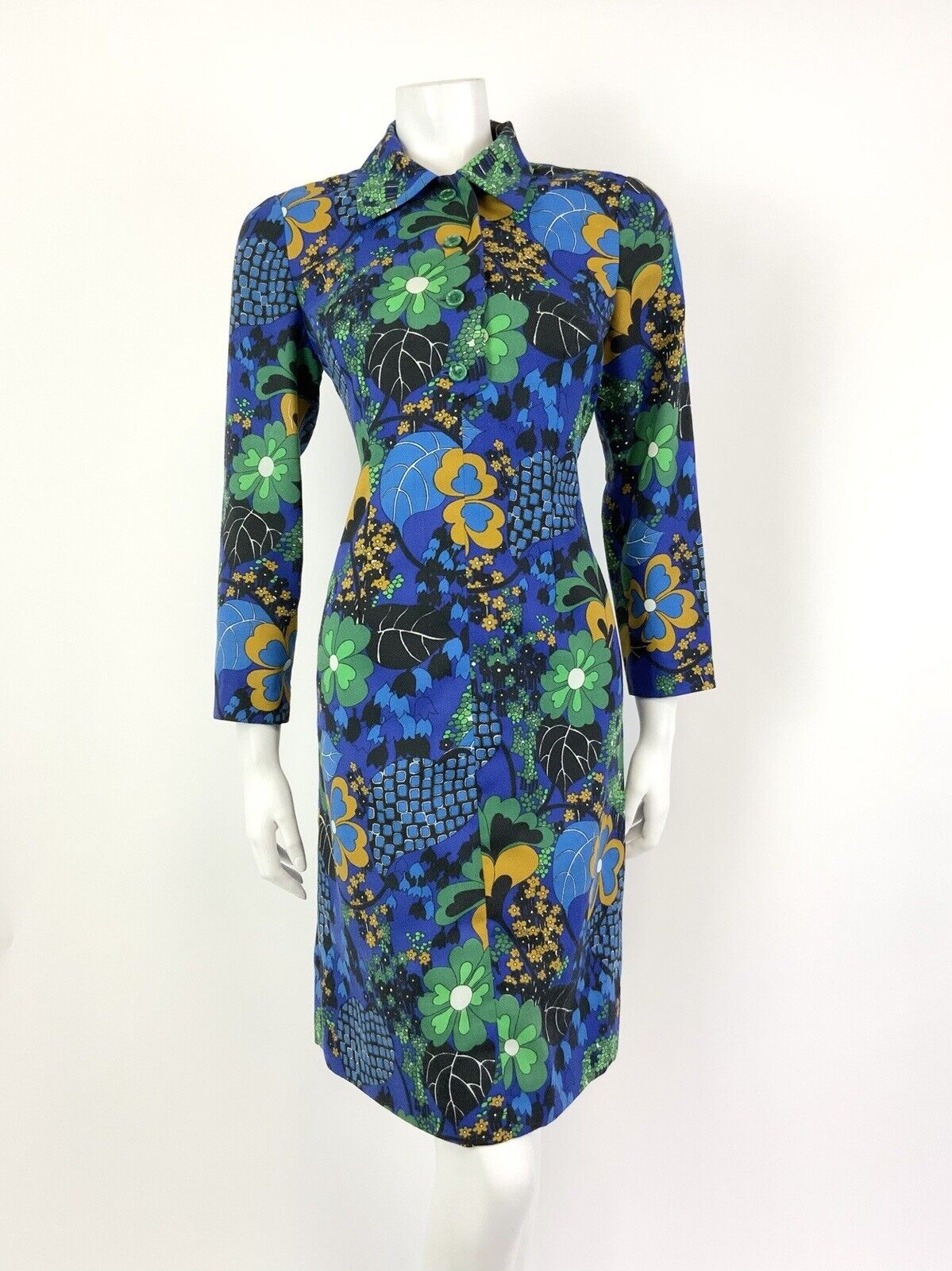 VTG 60s 70s BLUE YELLOW BLACK GREEN FLORAL LEAFY PSYCHEDELIC SHIRT DRESS 10 12