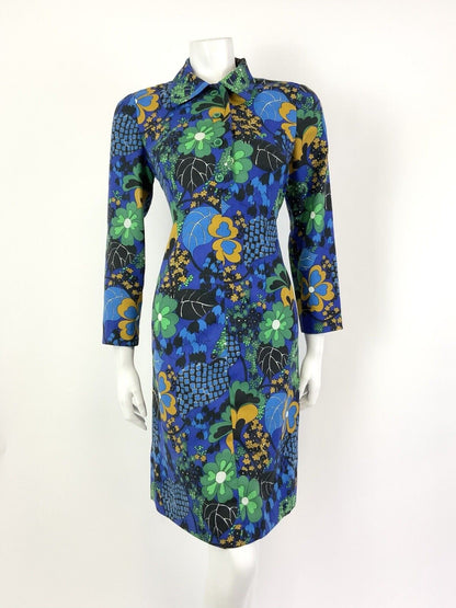 VTG 60s 70s BLUE YELLOW BLACK GREEN FLORAL LEAFY PSYCHEDELIC SHIRT DRESS 10 12