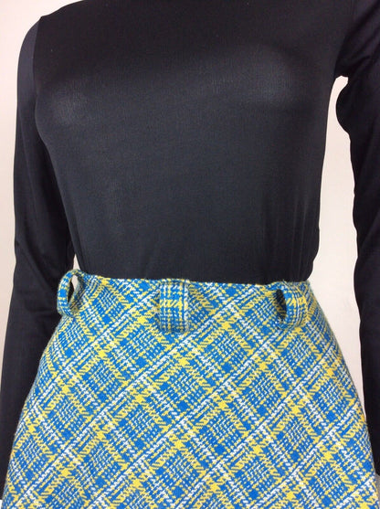 VTG 70s BLUE YELLOW WHITE CHECKED FULL SWING SKIRT SZ 8