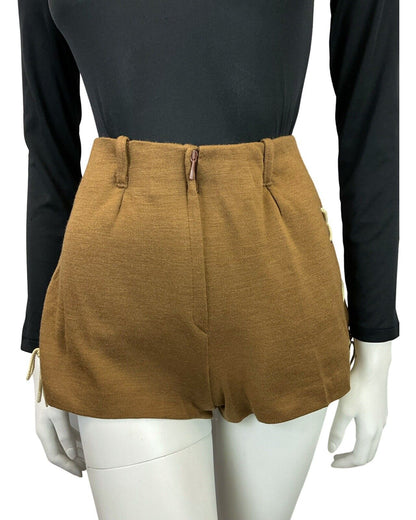 VINTAGE 60s 70s BROWN CREAM LACE-UP HOT PANTS GOGO MOD SHORTS 6 8