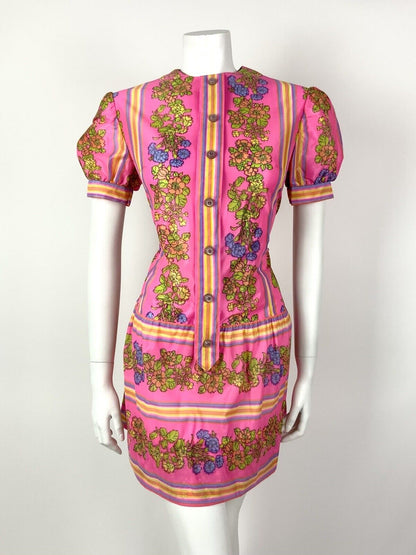 VTG 60s 70s NEON PINK YELLOW PURPLE STRIPED FLORAL MOD DROP WAIST DRESS 10 12