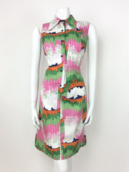 VTG 60s 70s GEOMETRIC ABSTRACT WHITE GREEN PINK ORANGE BLUE SHIRT DRESS 10 12