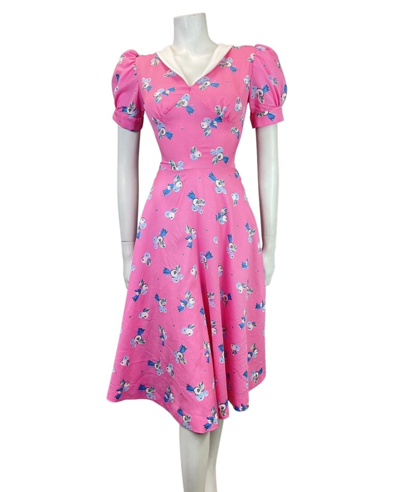 VINTAGE 60s 70s BUBBLEGUM PINK BLUE FLORAL BERRY SWING TEA DRESS 8
