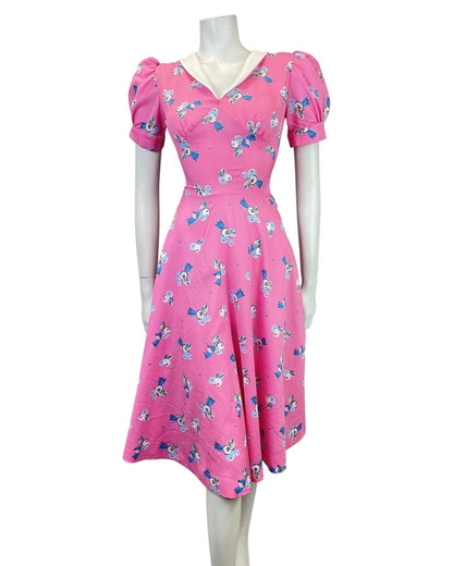 VINTAGE 60s 70s BUBBLEGUM PINK BLUE FLORAL BERRY SWING TEA DRESS 8