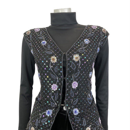 VINTAGE 70s 80s BLACK PURPLE FLORAL SEQUIN BEADED DISCO GLAM WAISTCOAT TOP 12 14