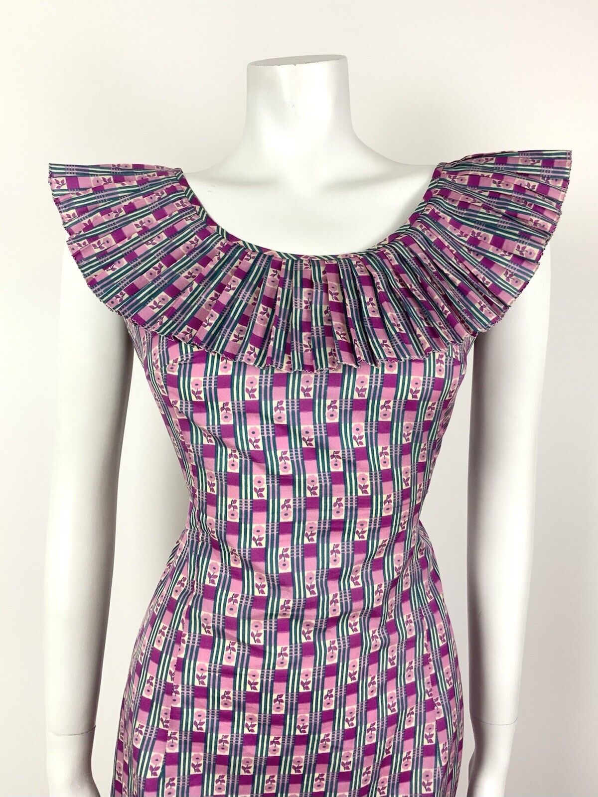 VINTAGE 60s 70s PINK PURPLE WHITE BLUE STRIPED FLORAL DAISY RUFFLE DRESS 12 14