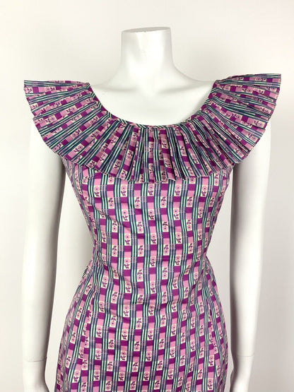 VINTAGE 60s 70s PINK PURPLE WHITE BLUE STRIPED FLORAL DAISY RUFFLE DRESS 12 14