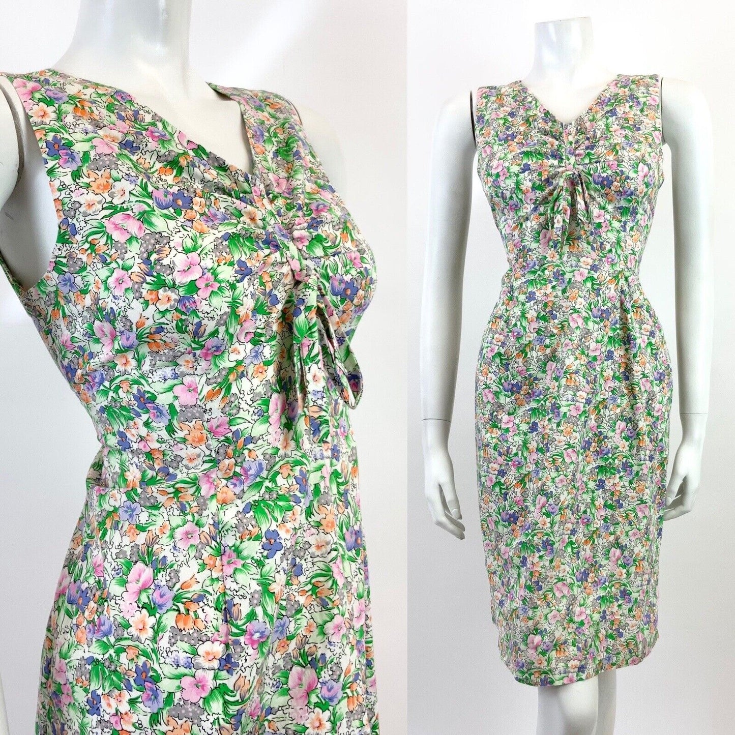 VTG 60s 70s GREEN PINK BLUE FLORAL GARDEN DITSY SLEEVELESS SUMMER DRESS 10 12