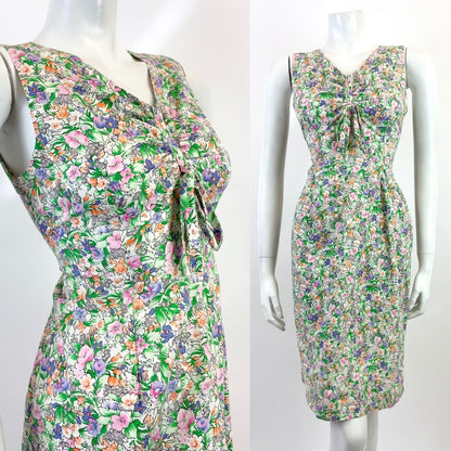VTG 60s 70s GREEN PINK BLUE FLORAL GARDEN DITSY SLEEVELESS SUMMER DRESS 10 12