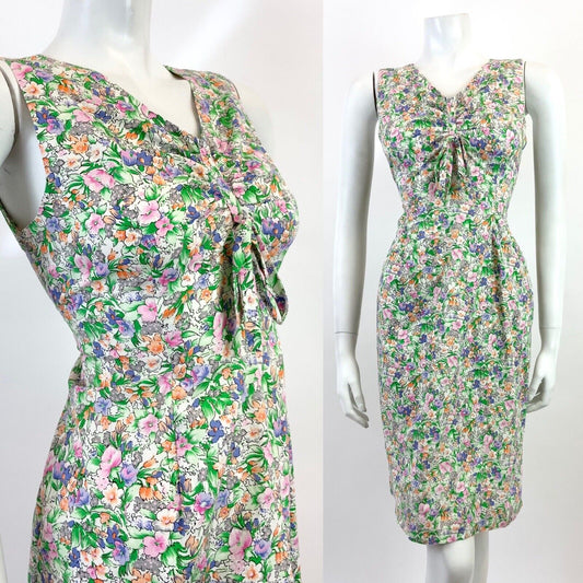 VTG 60s 70s GREEN PINK BLUE FLORAL GARDEN DITSY SLEEVELESS SUMMER DRESS 10 12