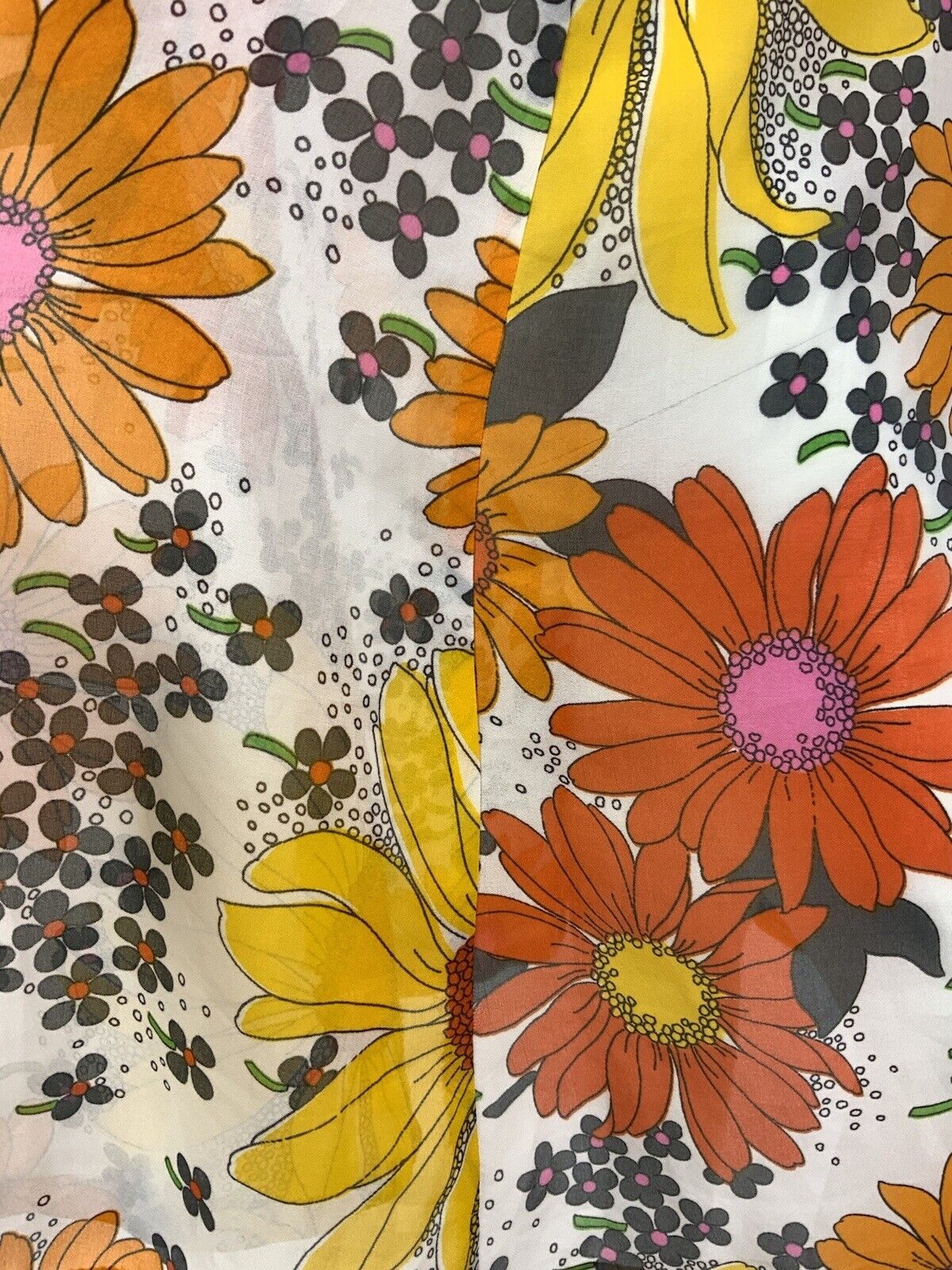 VTG 60s 70s WHITE ORANGE YELLOW FLORAL DAISY SHEER V-NECK SUMMER DRESS 12 14