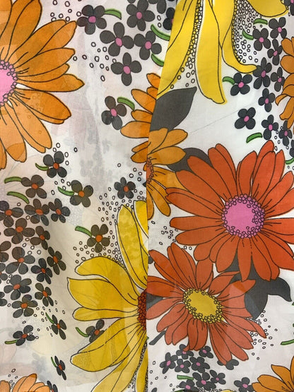 VTG 60s 70s WHITE ORANGE YELLOW FLORAL DAISY SHEER V-NECK SUMMER DRESS 12 14