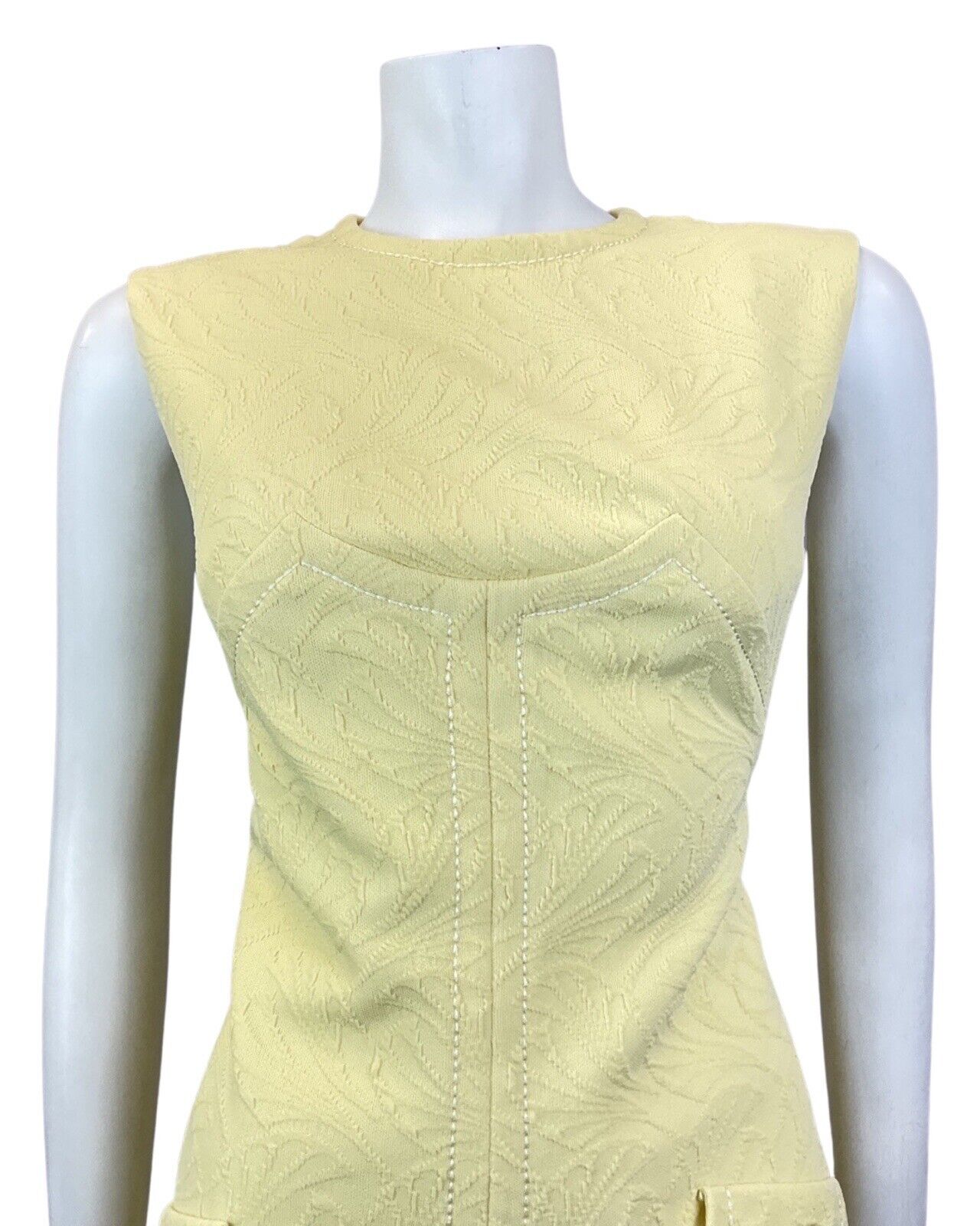 VINTAGE 60s 70s PALE YELLOW LEAFY SLEEVELESS MOD SCOOTER SHIFT DRESS 12 14