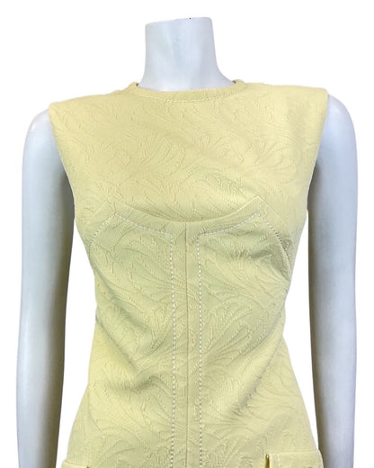 VINTAGE 60s 70s PALE YELLOW LEAFY SLEEVELESS MOD SCOOTER SHIFT DRESS 12 14