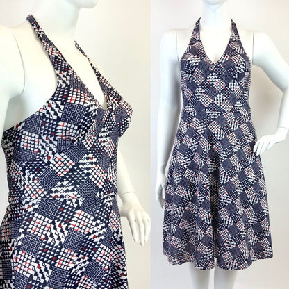 VINTAGE 60s 70s BLUE RED WHITE GEOMETRIC CHECKERBOARD MOD HALTER SUMMER DRESS 16