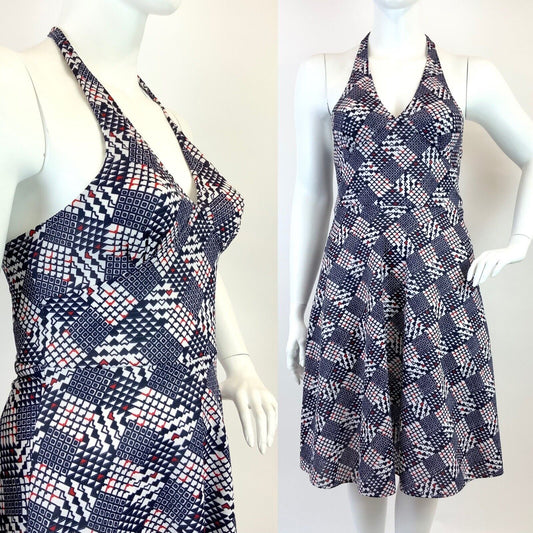 VINTAGE 60s 70s BLUE RED WHITE GEOMETRIC CHECKERBOARD MOD HALTER SUMMER DRESS 16