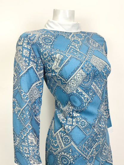 VTG 60s 70s BLUE WHITE PSYCHEDELIC MANDALA MOROCCAN TILED MOD SHORT DRESS 12 14