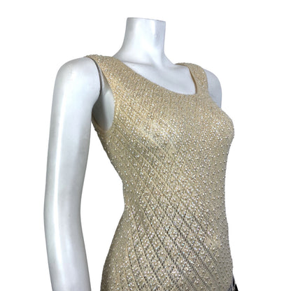 VINTAGE 70s CREAM IRIDESCENT PEARL SEQUIN BEADED TASSELED KNITTED TOP 8 10