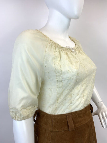 VINTAGE 60s 70s PALE YELLOW FLORAL BRODERIE ANGLAISE BOHO FOLK BLOUSE TOP 16