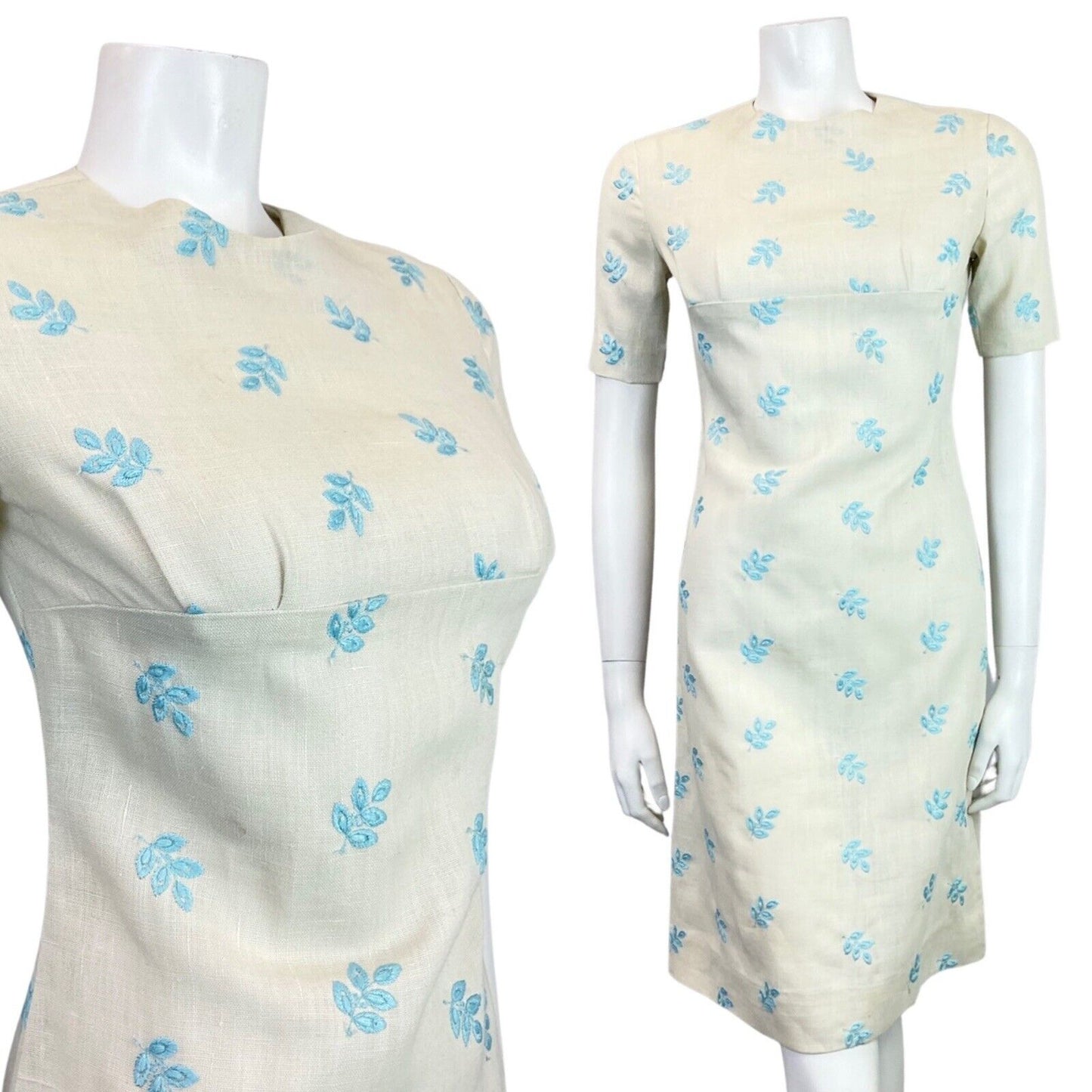 VINTAGE 60s 70s CREAM BABY BLUE EMBROIDERED LEAF EMPIRE LINE MOD SHORT DRESS 8