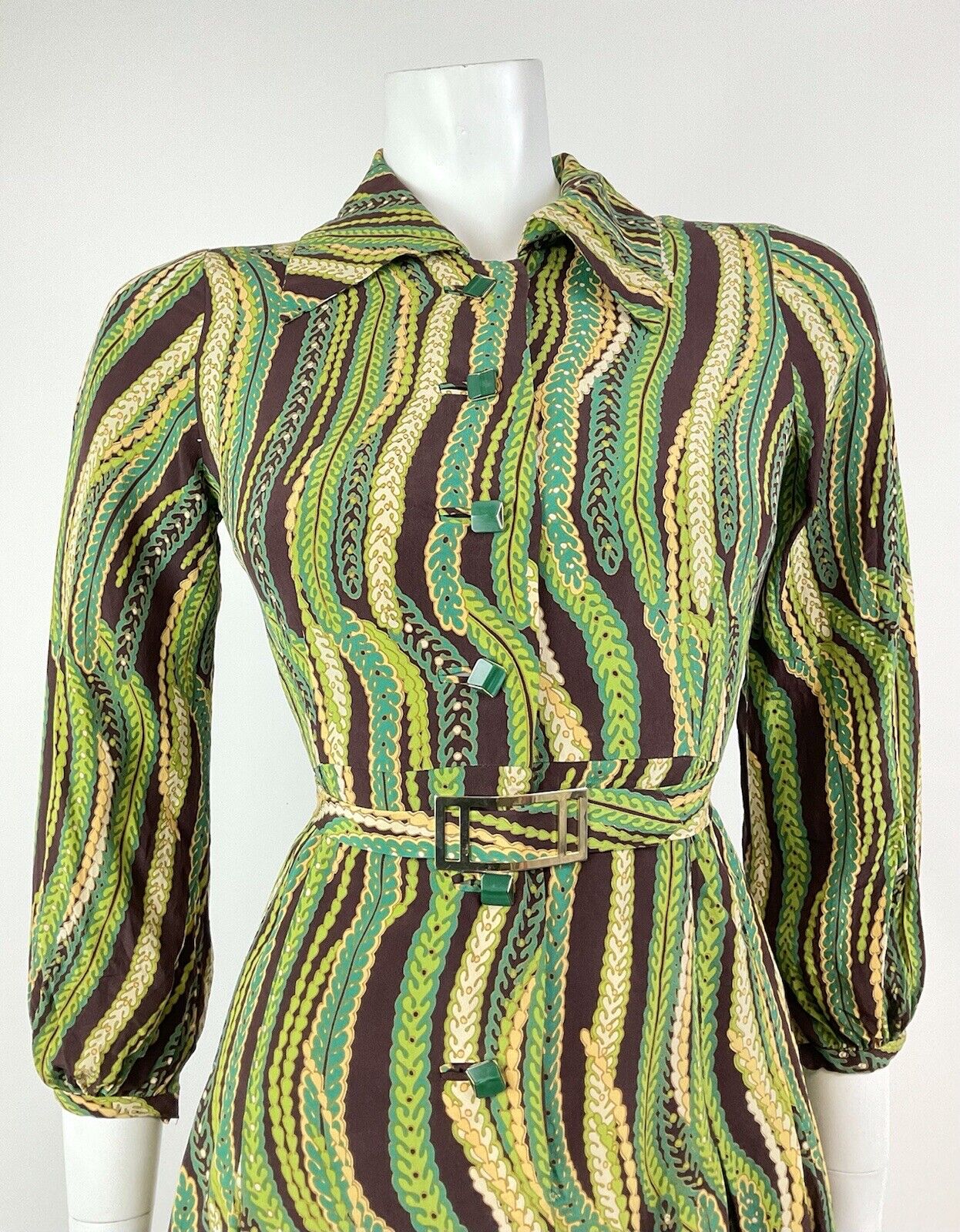 VINTAGE 60s 70s GREEN CREAM BROWN STRIPED PSYCHEDELIC BELTED SHIRT DRESS 8 10