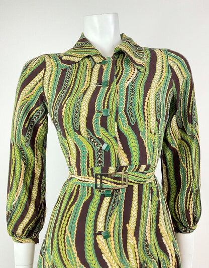 VINTAGE 60s 70s GREEN CREAM BROWN STRIPED PSYCHEDELIC BELTED SHIRT DRESS 8 10