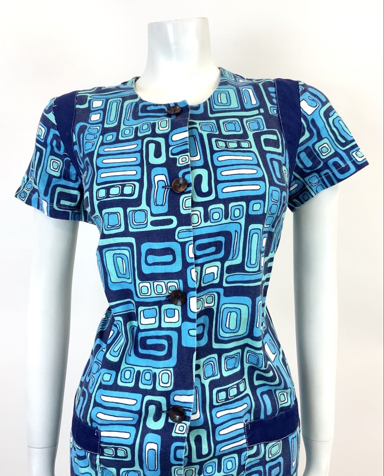 VINTAGE 60s 70s BLUE NAVY MINT GEOMETRIC PSYCHEDELIC MOD SHIFT DRESS 12 14