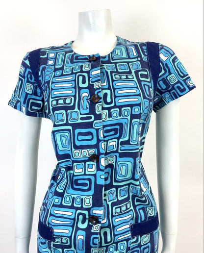 VINTAGE 60s 70s BLUE NAVY MINT GEOMETRIC PSYCHEDELIC MOD SHIFT DRESS 12 14