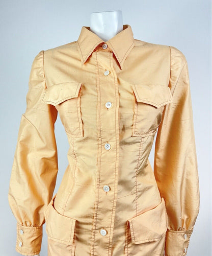 VINTAGE 60s 70s PEACH ORANGE MOD LONGSLEEVE DAGGER COLLAR SHIRT DRESS 10 12