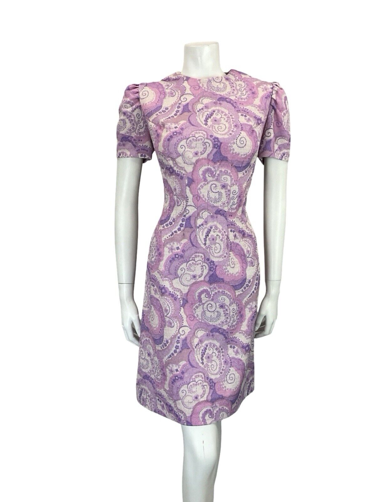 VTG 60S PURPLE WHITE PSYCHDELIC SWIRL SMOCKED WAIST SPARKLY PARTY DRESS 8 10 S