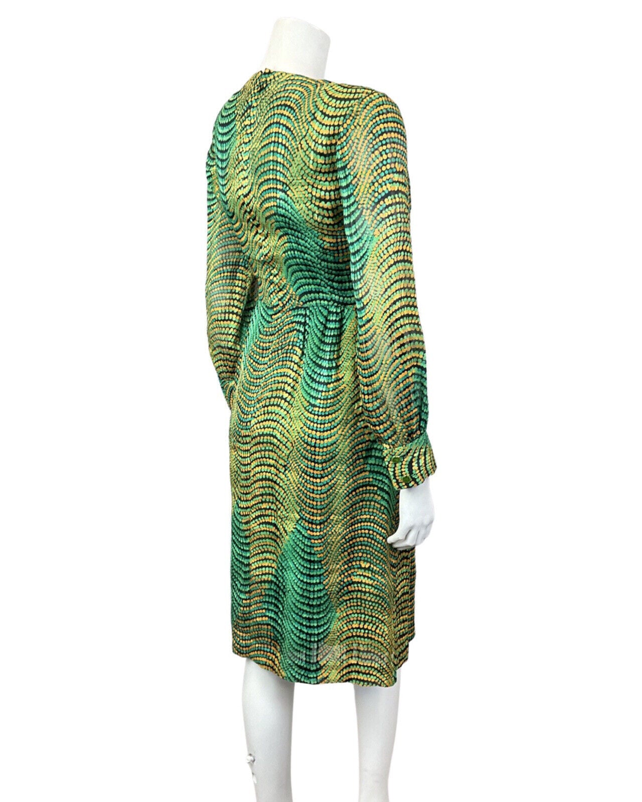 VINTAGE 60s 70s GREEN GOLD BLACK PSYCHEDELIC WAVY DOTTY SWING DRESS 10