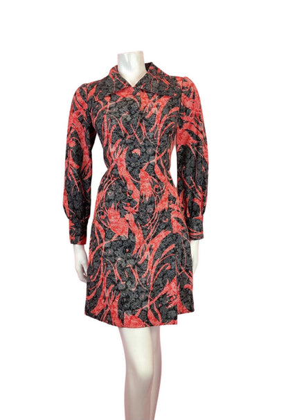 VINTAGE 60s 70s BLACK RED WHITE PSYCHEDELIC FLORAL DITSY DAGGER SHIRT DRESS 12